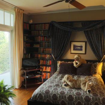 queen size bedroom with books, books, books.